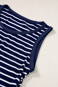 Blue Stripe Contrast Round Neck Sleeveless Slim Top