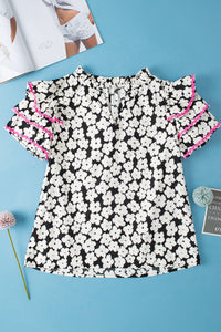 Black Floral Contrast Ric Rac Layered Ruffle Sleeve Blouse