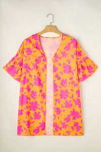 Orange Ruffled 3/4 Sleeve Floral Kimono