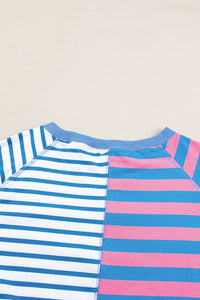 Blue Stripe Contrast Patchwork Oversized T Shirt