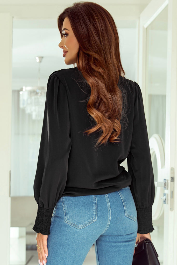 Black Solid Surplice Neck Shirred Cuffs Draped Blouse – Amaryllis