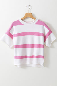 Pink Stripe Dropped Short Sleeve Lightweight Knitted Top