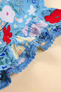 Sky Blue Floral Flutter Sleeve V Neck Ruffled Dress