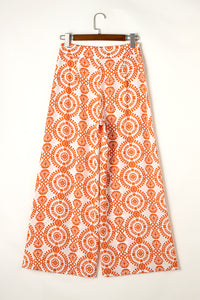 Orange Boho Retro Flower Print Wide Leg Pants
