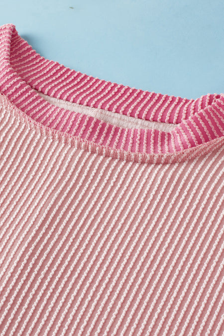 Bright Pink Textured Contrast Trim Round Neck T Shirt