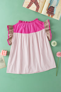 Pink Colorblock Ruffled Sleeve Frill V Neck Blouse