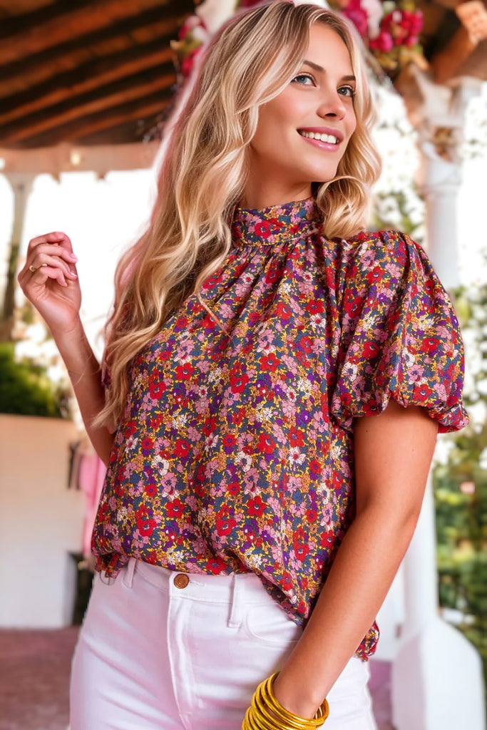 Print Knotted High Neck Puff Sleeve Blouse – Amaryllis Apparel