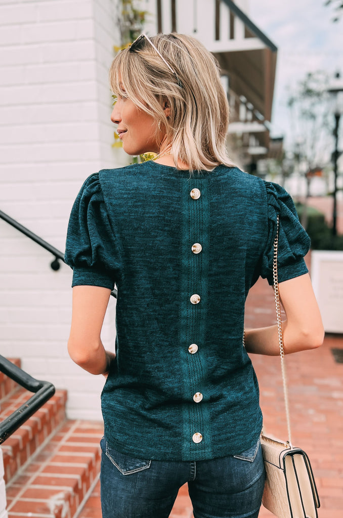 トップス Pompom Button Back Detail Cuffed Puff Short Sleeve Lace Back Top