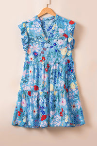 Sky Blue Floral Flutter Sleeve V Neck Ruffled Dress