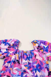 Purple Flower Print Short Puff Sleeve Ruffled Dress