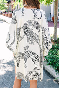 White Cheetah Print Loose Fit Open Front Kimono