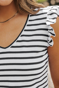 White Stripe Butterfly Sleeve V Neck Hollowed Knot Back T Shirt