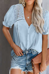 V Neck Lace Crochet Short Sleeve Shirt