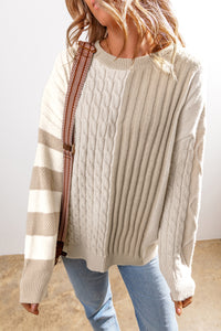 Cable Knit Colorblock Crew Neck Drop Shoulder Sweater