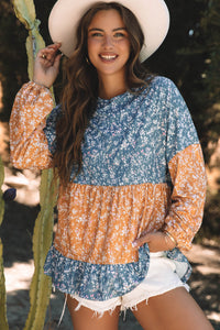 Floral Color Block Ruffled Hem Round Neck Blouse