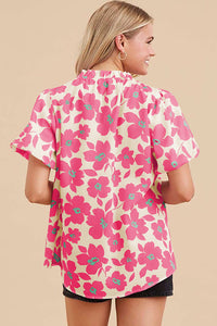 Floral Puff Sleeve Frilled Neckline Blouse