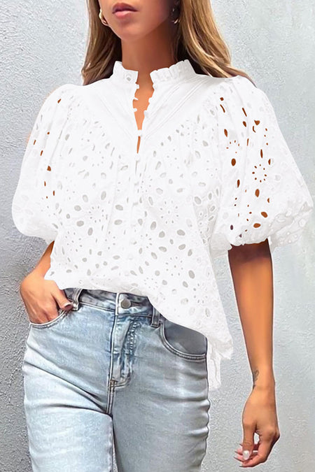 Flower Embroidered Hollow-out Puff Sleeve Blouse