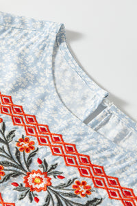 Boho Embroidered Floral Print Flutter Sleeve Blouse