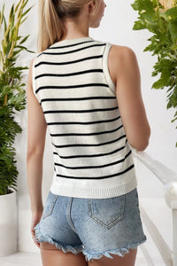 White Striped Round Neck Sweater Vest