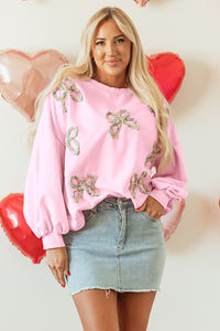 Embroidered Bow Lantern Sleeve Oversized Pullover Sweatshirt