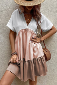 Triple Colors V Neck Folded Cuffs Tiered Loose Dress