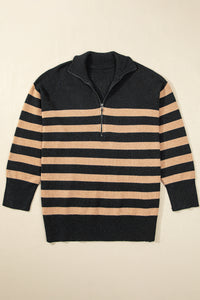 Stripe Collared Quarter Zipper Oversized Sweater