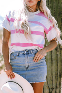 Pink Stripe Dropped Short Sleeve Lightweight Knitted Top