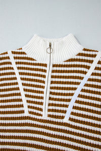 Stripe Zip up Collar Drop Shoulder Sweater