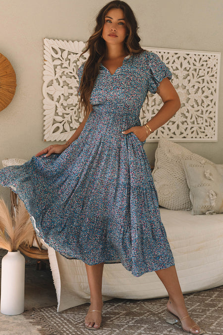 Printed V Neck Shirred Short Puff Sleeve Maxi Dress