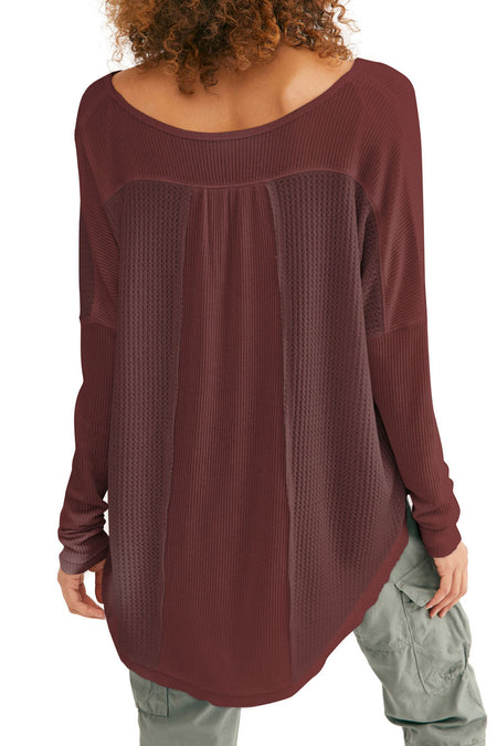 Waffle Ribbed Knit Patchwork Henley Top