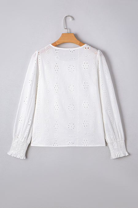 Eyelet Smocked Cuff Sheer Blouse