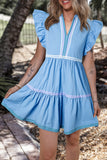 Beau Blue Ric Rac Colorblock Flutter Sleeve V Neck Tiered Dress
