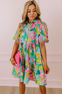 Floral Puff Sleeve Collar Buttoned Babydoll Dress