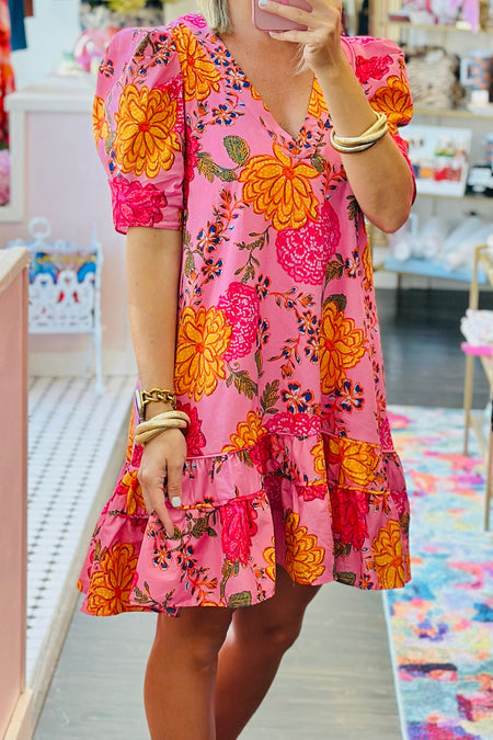 Bubble Sleeve V Neck Ruffled Mini Floral Dress