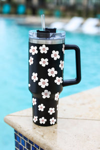 Floret Print Stainless Steel Tumbler With Lid And Straw