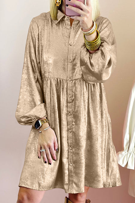 Metallic Sheen Puff Sleeve Button Up Mini Shirt Dress