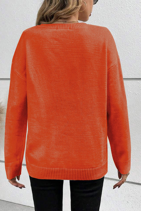 Boo Knitted Pattern Ribbed Edge Drop Shoulder Sweater