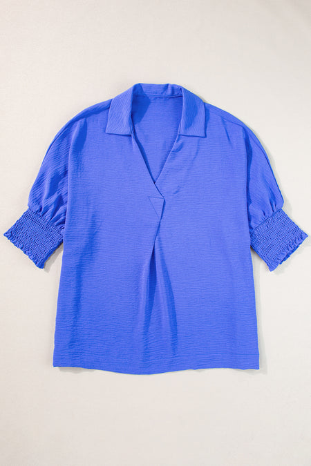 Boxy Collared Smocked Sleeve Cuffs Blouse