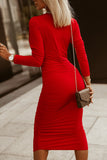 Red Long Sleeves Wrap V Neck Ruched Sheath Bodycon Dress