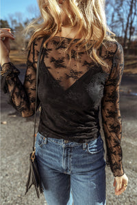 Lace Mesh Crochet Splicing Slim Fit Long Sleeve Blouse