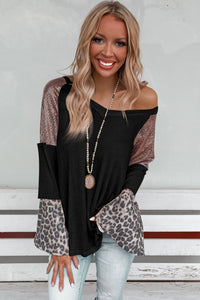 Leopard Sequin Patchwork Bell Sleeve V Neck Tunic Top