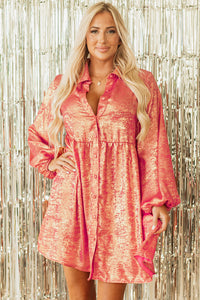 Metallic Sheen Puff Sleeve Button Up Mini Shirt Dress