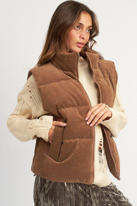 Corduroy Stand Neck Zipped Puffer Vest