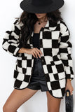 Checkered Side Pockets Collared Buttoned Fleece Jacket