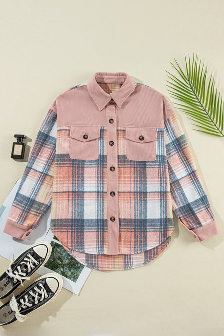 Plaid Corduroy Patchwork Chest Pocket Shacket