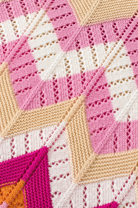 Pink Stripe Chevron Pointelle Knit V Neck Short Sleeve Sweater
