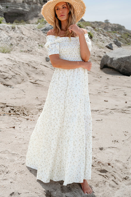 Frilly Shirred Bodice Tiered Floral Maxi Dress