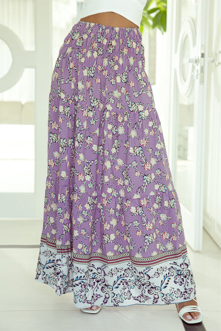 Floral Print Shirred High Waist Maxi Skirt
