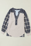 Floral Plaid Mixed Print Bishop Sleeve Patchwork Top