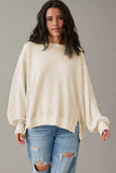 Waffle Knit Bishop Sleeve Split Oversized Sweatshirt